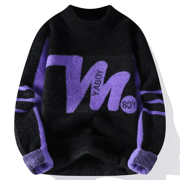 VNKIDY Men's Sweater Coat Autumn Winter Oversized Letter Graphic Knit Sweater Long Sleeve Crewneck Thermal Jumper For Cold Weather Daily Wear Relaxed Fit Knitwear