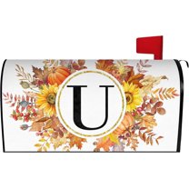 Fall Maple Leaves Monogram Letter U Mailbox Cover Magnetic 25.5x21 Inch, Family Last Name Initial Post Letter Box Covers, Autumn Thanksgiving Seasonal Outdoor Yard Oversized Mailbox Decor