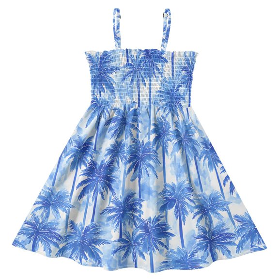 joogoo Girls' Palm Tree Print Cami Dress Kids Sleeveless Smocked A-Line Sundress for 5-6 Years Casual Summer Swing Dresses