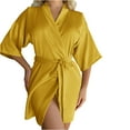 thumbnail image 2 of Women's Short Robe Silky Satin Pure Color Bathrobe Bridesmaid Bride Party Kimono V-Neck Sleepwear with Pockets Yellow XL, 2 of 3