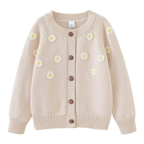 Spazoro Kids Girls Sweaters, Fall Winter Cotton Button Down Floral Long Sleeve Cardigan for Child Girls Khaki Size 7 T