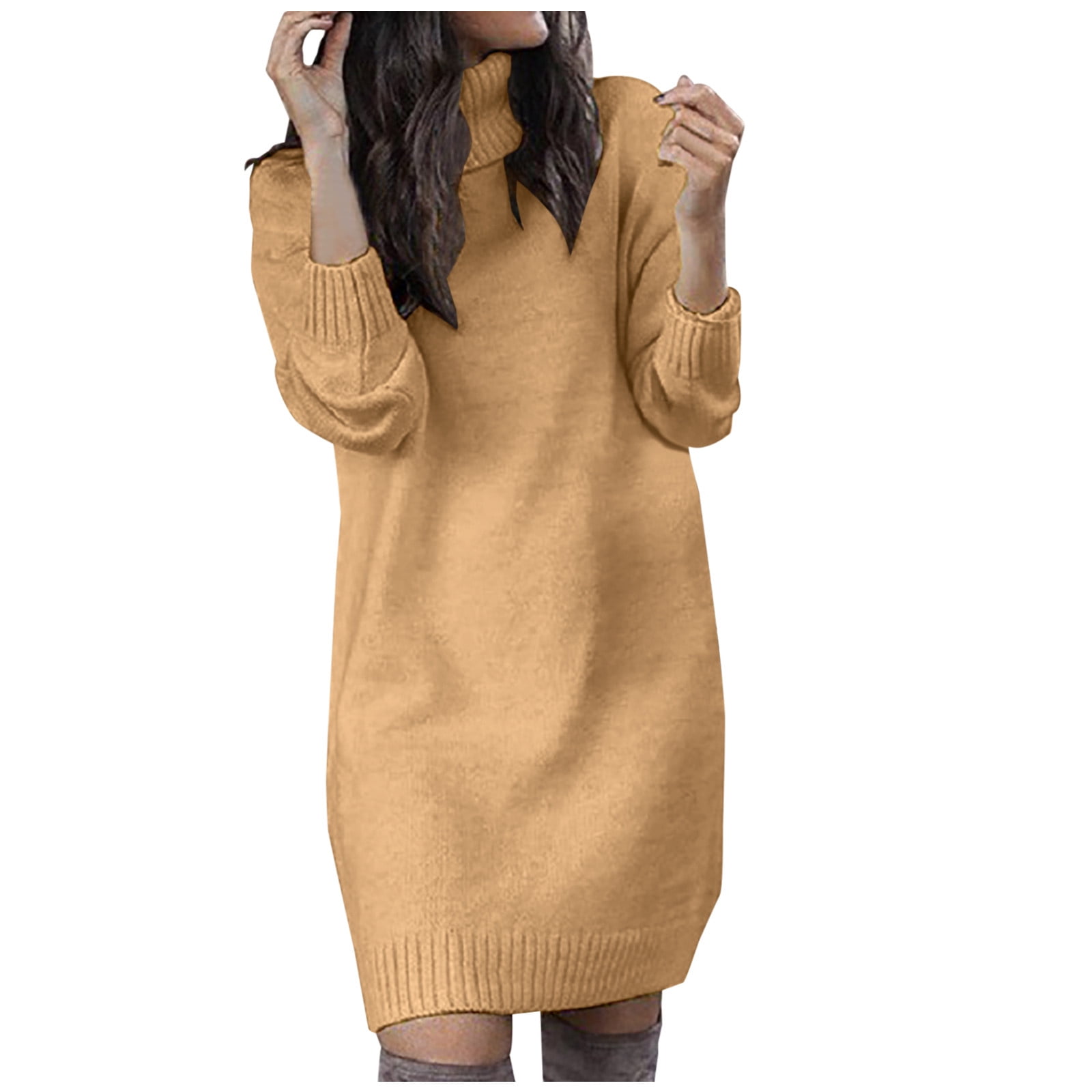 OSFVNOXV Turtleneck Sweater Dress for Women Long Sleeve Ribbed Knit Shirt Straight Leg Soft Cozy Pullover Mini Dress,S-3XL