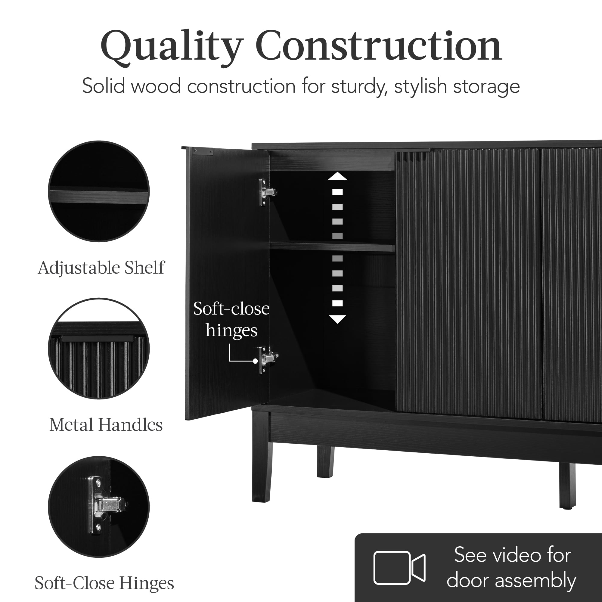 Best Choice Products 4-Door Reeded Storage Cabinet w/ Soft-Close Doors, Multipurpose Accent Furniture - Black