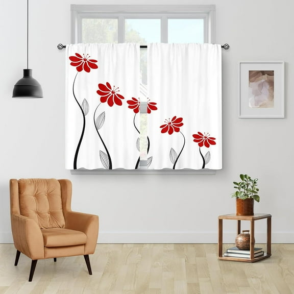 Red Flower Kitchen Curtains, Minimalist Floral Leaves Rustic Country Farmhouse Small Short Cafe Window Curtain Over Sink Bathroom Dining Room Decor Rod Pocket Window Drapes 2 Panels 40"x28" Inch
