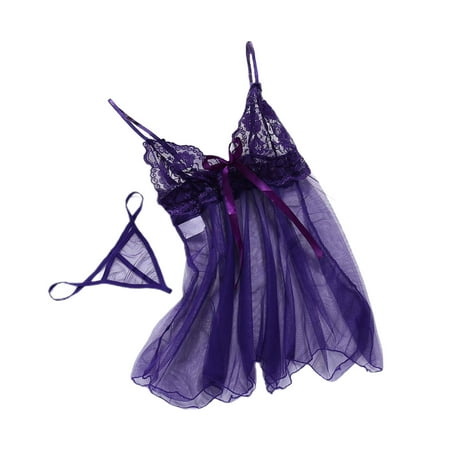 Odeerbi Women s Lingerie Dress Set Babydoll 2025 Valentine s Day Sexy Lingerie Lace Sexy Front Slit Suspender Nightgown Purple