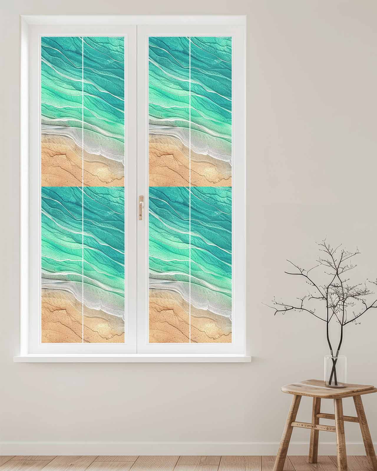 Window Privacy Film, Green Ocean Ombre UV Sun Blocking Window Tint Film Heat Control One Way Blackout Window Film, Spring Summer Coastal Sea Wave Non Adhesive Static Cling Window Sticker 17.7x78.7 In