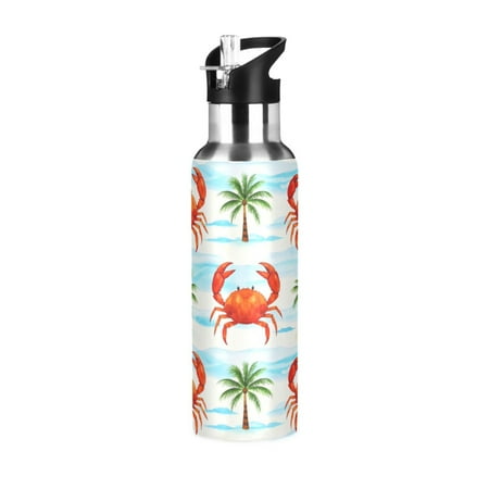 

ALAZA Crab Coconut Tree Water Bottle Insulated Flask Stainless Steel Straw Lid 20 oz