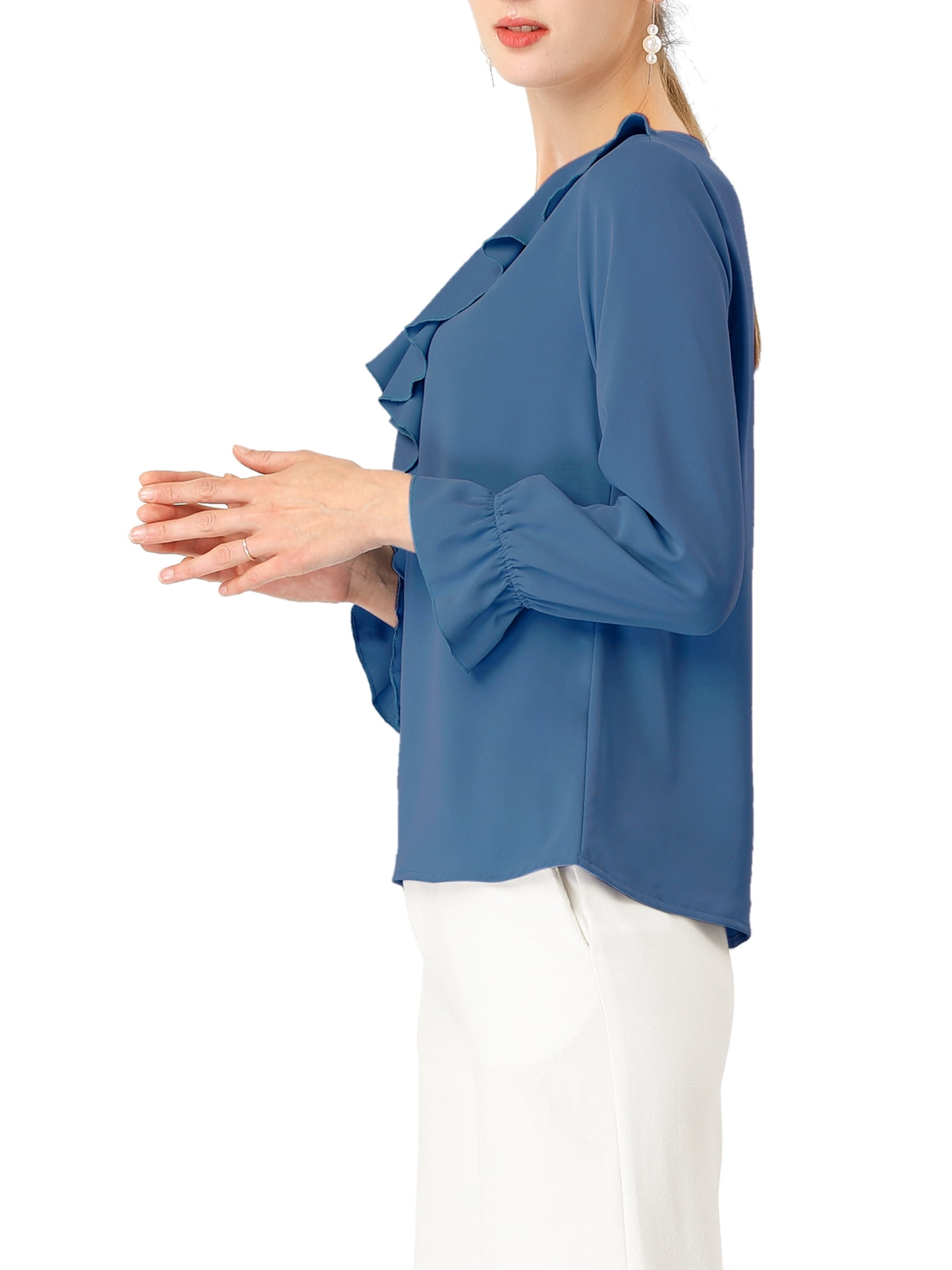 DARING DIVA Women's Ruffle V Neck Chiffon Peasant Blouse L Dusty Blue