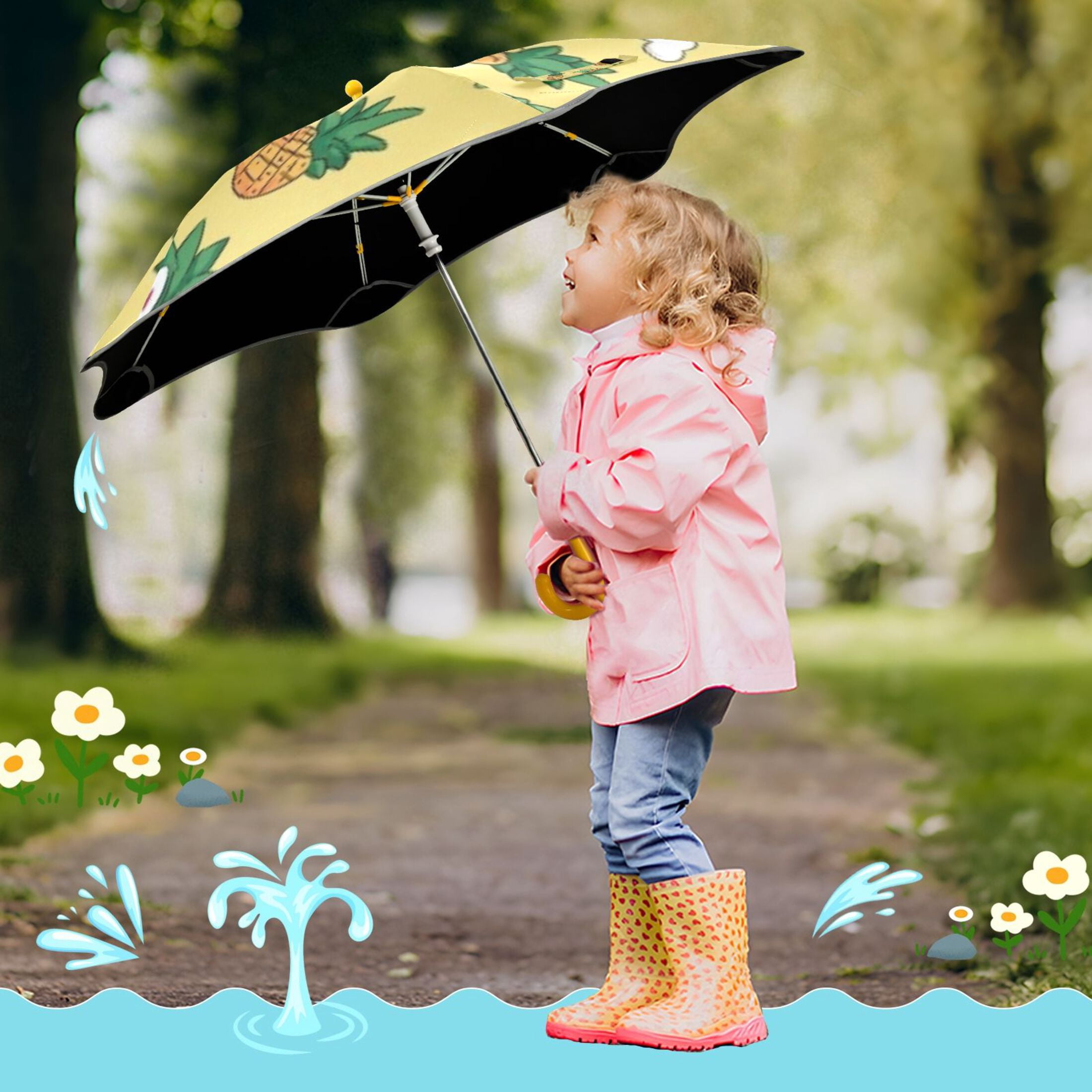 BZSMCE Folding Umbrellas Rain & UV Protection Windproof In Cat Pineapple Yellow Pattern