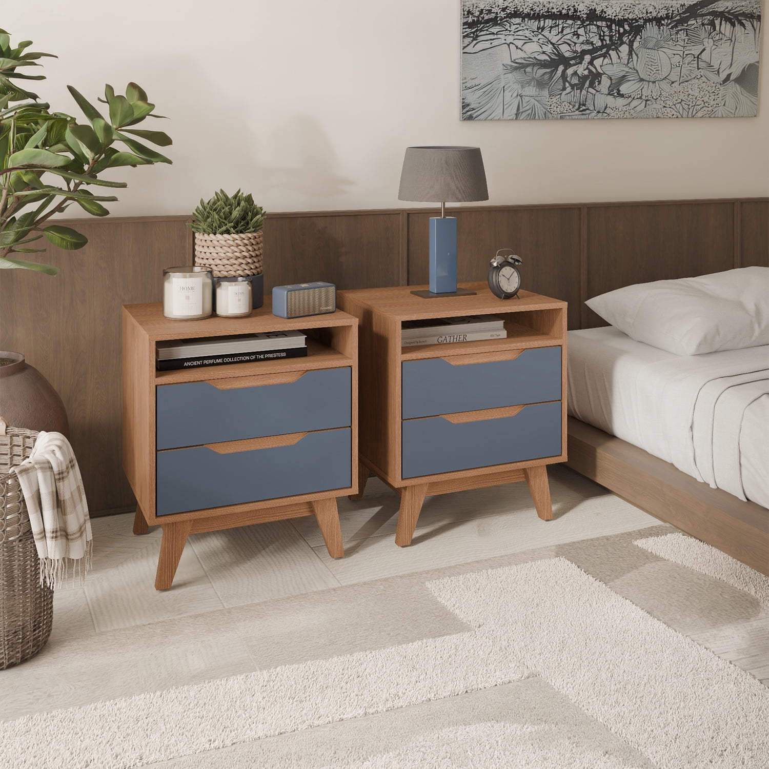 Kappesberg Paris 2-Piece Nightstand Set with 2 Drawers Open Shelf and Built-in Handles Gloden Oak/Blue – Modern Bedroom Storage