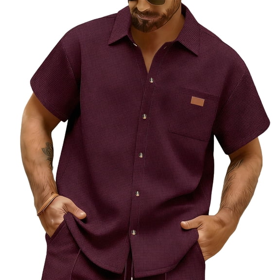 ZCFZJW Men's Button Down Waffle Knit Shirts Lightweight Casual Short Sleeve Cotton Textured Shirt Summer Beach Vacation Tees Tops with Pocket Wine L