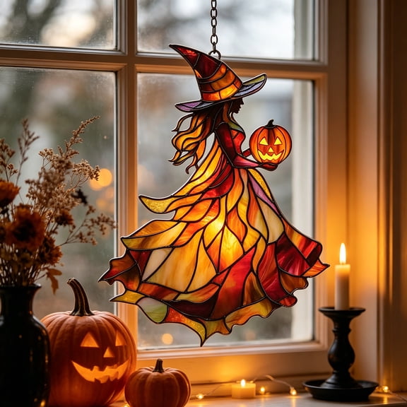 Liamobondopolis Stained Glass Style Witch Pumpkin Acrylic Hanging Ornament for Halloween Window Door Wall Decor 7.87 In