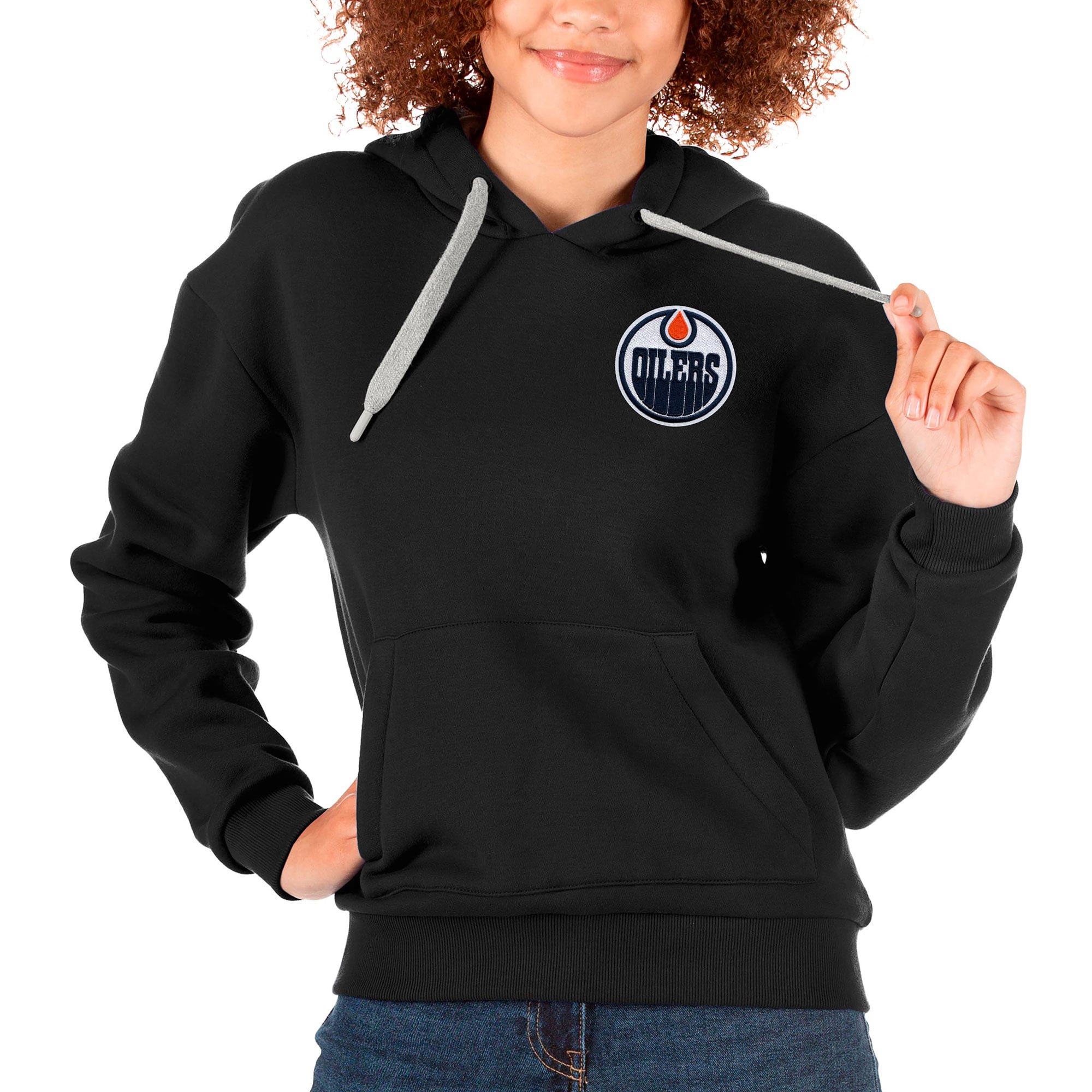 Women's Antigua Black Edmonton Oilers Primary Logo Victory Pullover Hoodie