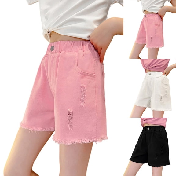 Gelikeya Girls Ripped Denim Shorts Elastic Waist Summer Casual Jeans Shorts Solid Color Outdoor Streetwear Clothes Black, 4-5 Years