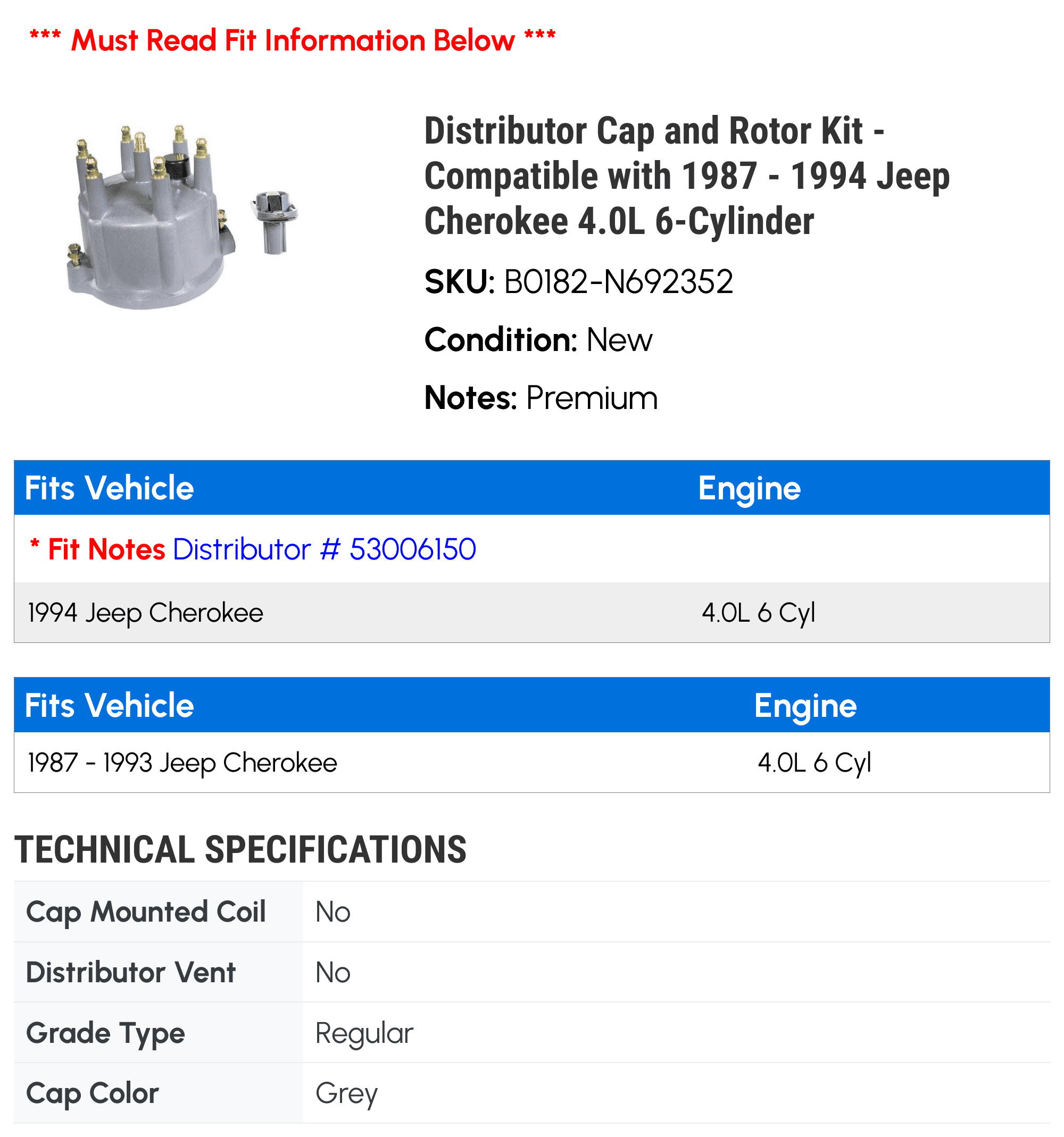 Distributor Cap and Rotor Kit - Compatible with 1987 - 1994 Jeep Cherokee 4.0L 6-Cylinder 1988 1989 1990 1991 1992 1993