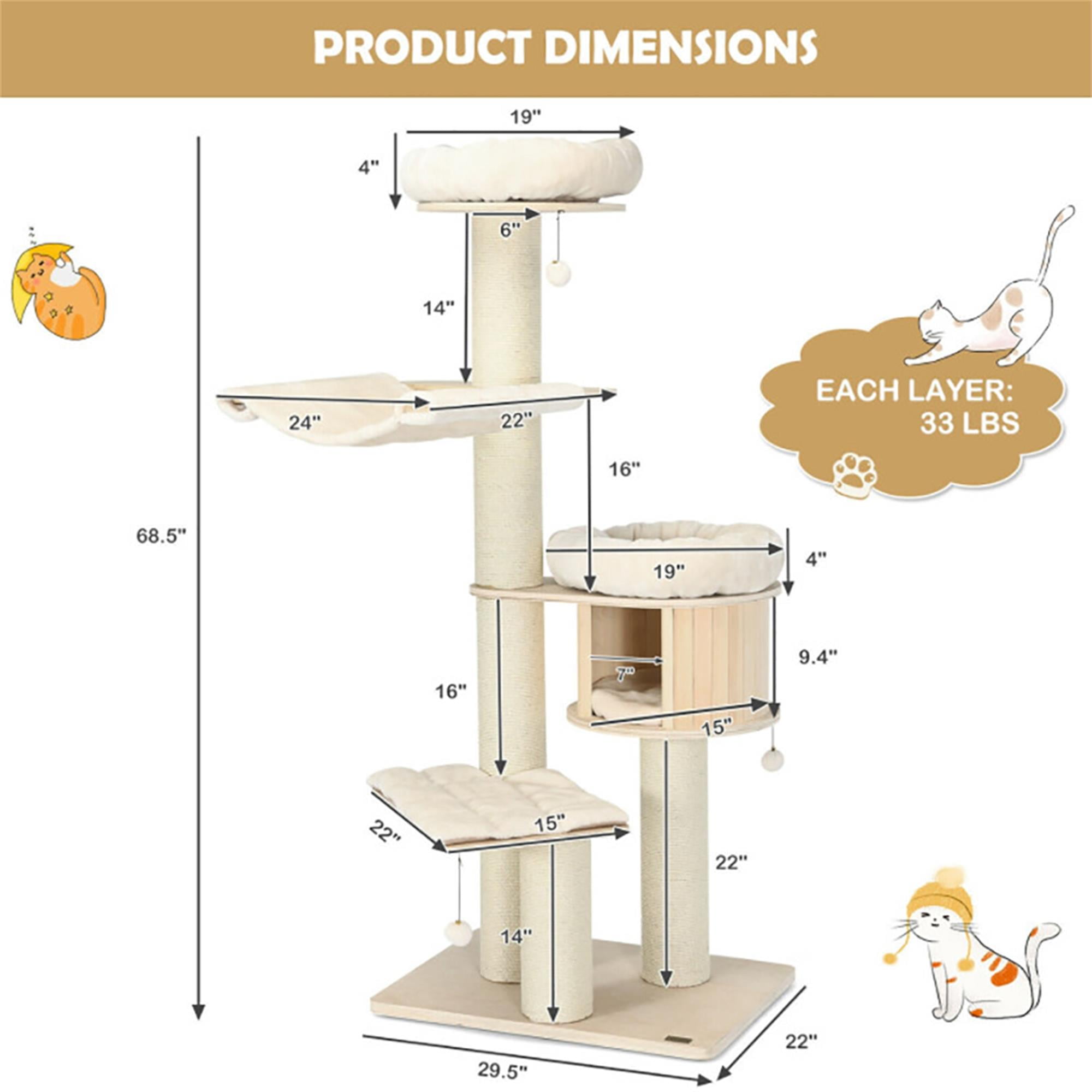 Kadyn 68" Wood Cat Tree Tower for Indoor Cats, Multi-Level Cat Condo with Scratching Posts, Perch, Washable Removable Cushions, Cat Furniture, Beige