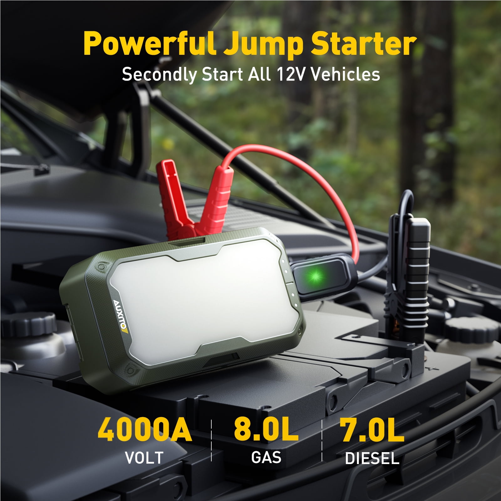 AUXITO Jump Starter 4000A Car Battery Portable Jump Starter(8L Gas/7L Diesel) 2000LM Camping Light, 12V Jump Box with 4 Modes Working Light and 2 Hook, Portable Charger and Jump Cables