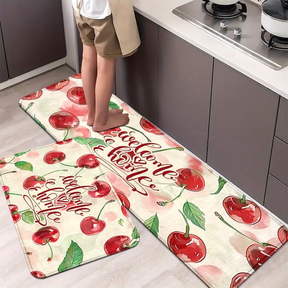 Cherry Kitchen Mat Set - Non-Slip Washable Runner Rugs for Sink, Laundry, Office - Durable Knitted Polyester Standing Pad, Spring Home Decor
