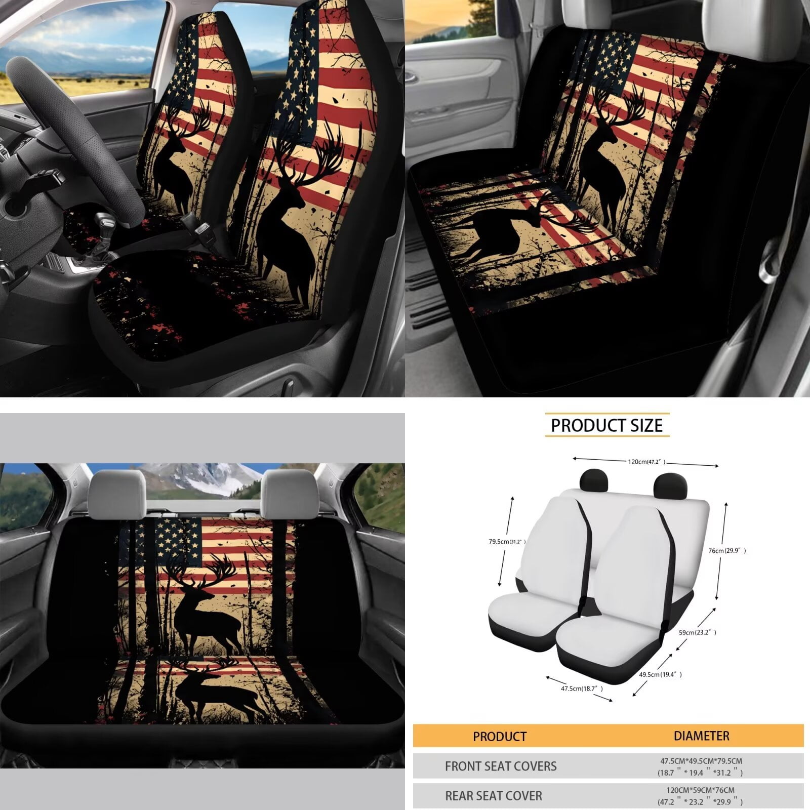 Garronmavis American Flag Deer 16 Pcs Car Accessories Set Car Seat Belt Pads Cover Keychain Gear Shifting Knob Cover Cup Mats Front Window Sunshade Rearview Mirror Cover Decorative Accessories