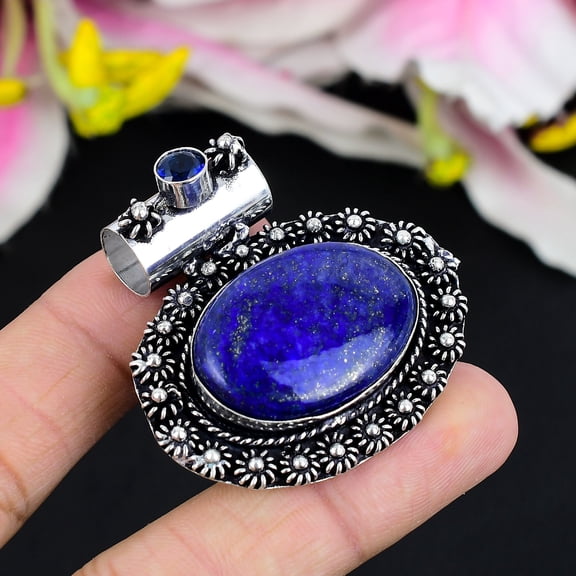 Lapis Lazuli, Blue Topaz Gemstone 925 Sterling Silver Jewelry Pendant 1.77"