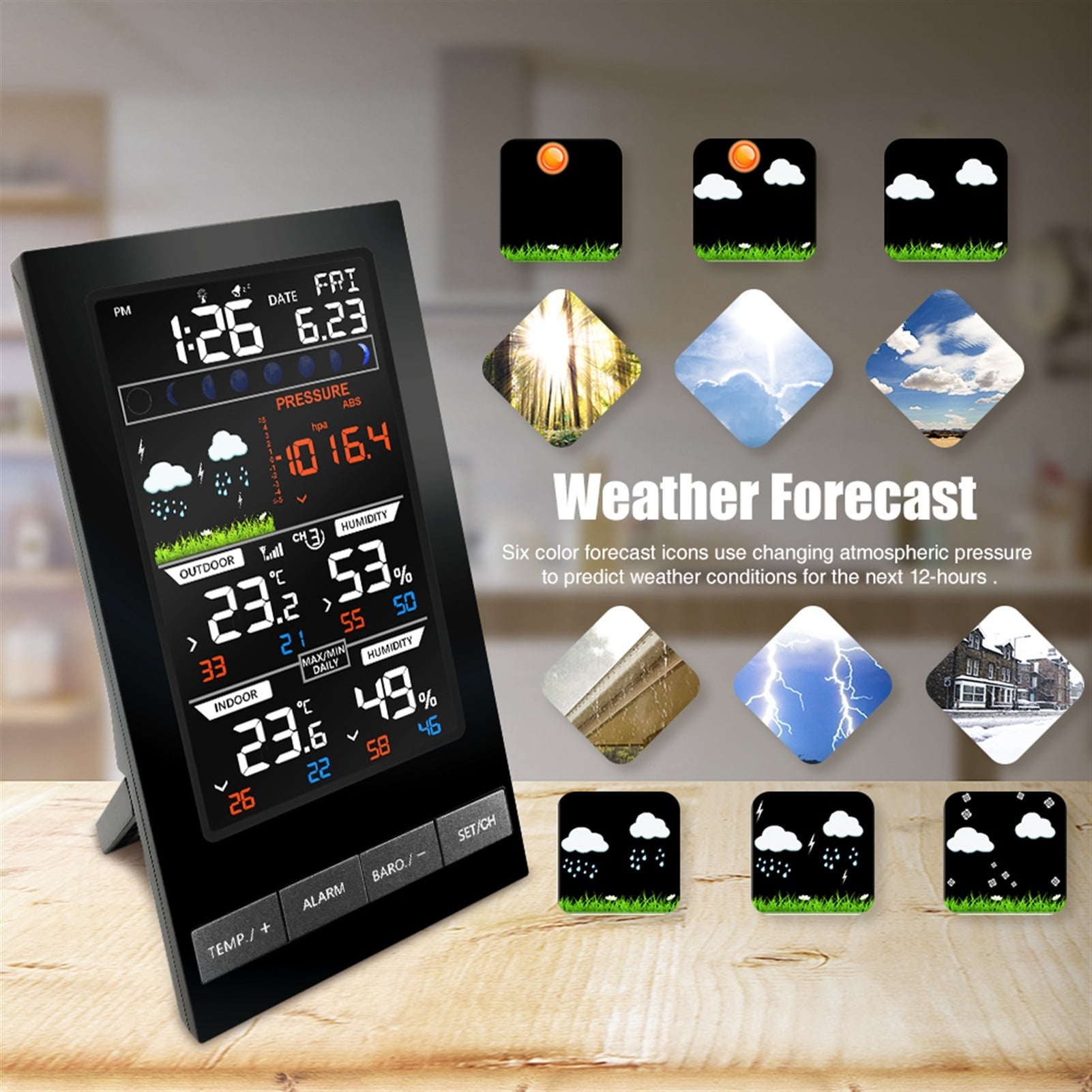 Weather Station Indoor Outdoor Sensor LED Temperature Humidity Forecast Snooze Table Digital Alarm Clock ,Easy to Operate