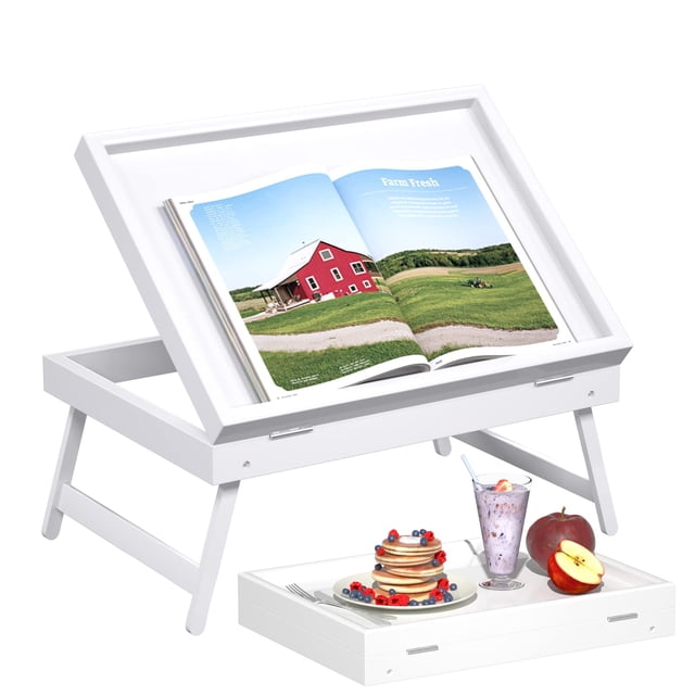 Mesa Bandeja de Cama Artmeer de Bambú Plegable y Ajustable Blanca