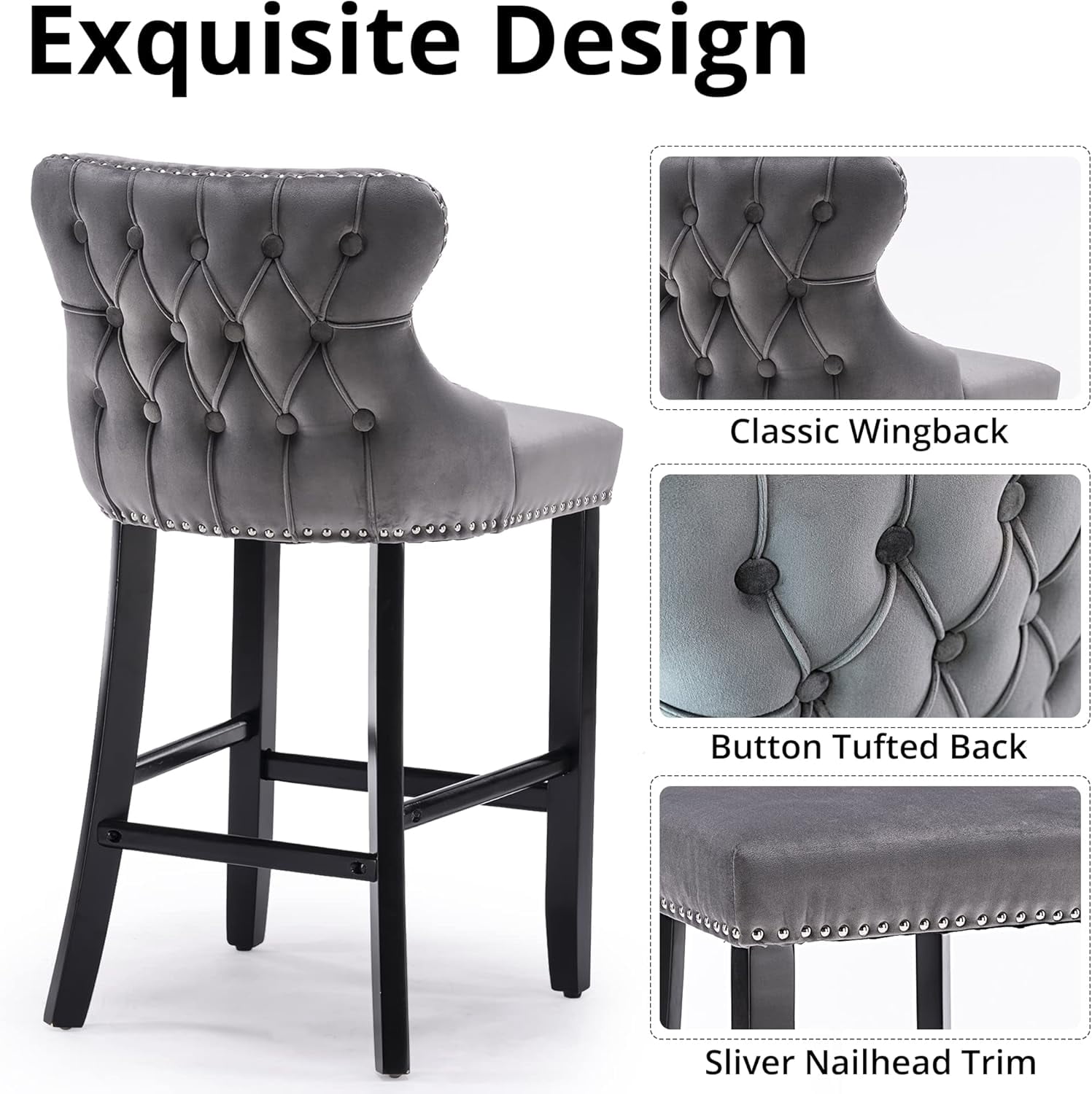 Velvet Wing-Back Bar Stools Set of 2, Button Tufted with Nailhead Trim & Solid Wood Legs, Counter Height Bar Chairs for Kitchen Island Dining Room Pub，Gray