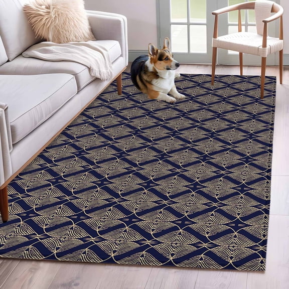 Area Rug 3x5ft Navy Blue Gold Geometric Pattern Area Rugs Washable Low Pile Floor Carpet for Bedroom, Retro Abstract Art Non Slip Soft Rugs for Living Room Entryway Dining Room
