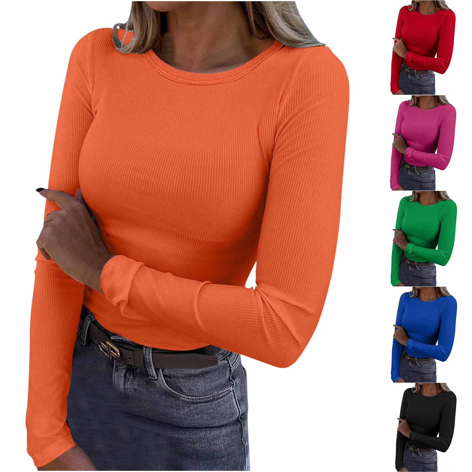 Aboser Ribbed Knit Tops for Women Y2k Clothes Stretchy Long Sleeve Basic Tees Slim Fit Crewneck Undershirts Casual Solid Color Tee Shirts Hot Pink L