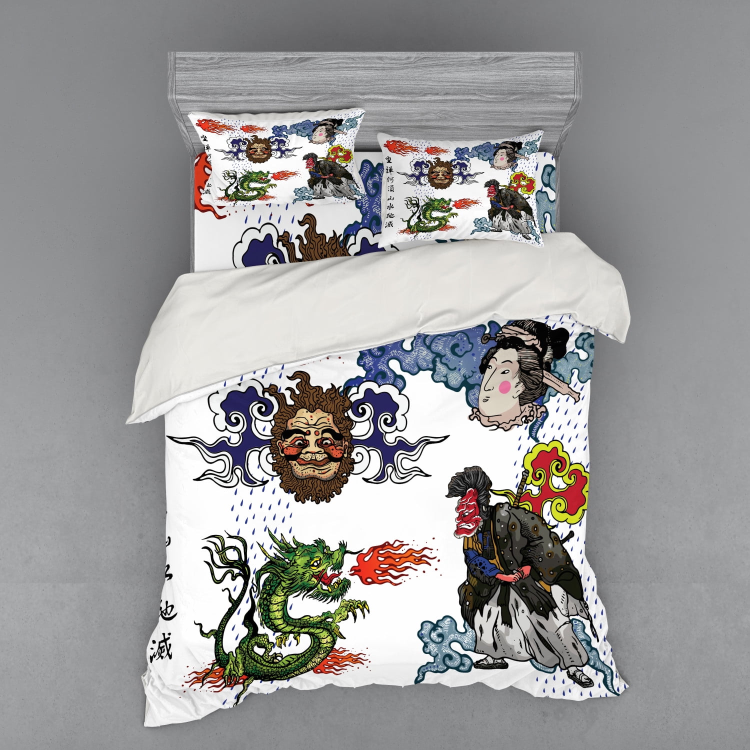 Dragon Duvet Cover Set, Japanese Manga Dragon with Fire a ...
