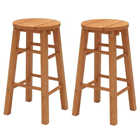 Gymax 24-Inch Outdoor Wood Bar Stools Set of 2 w/ Round Seat Footrest for Garden