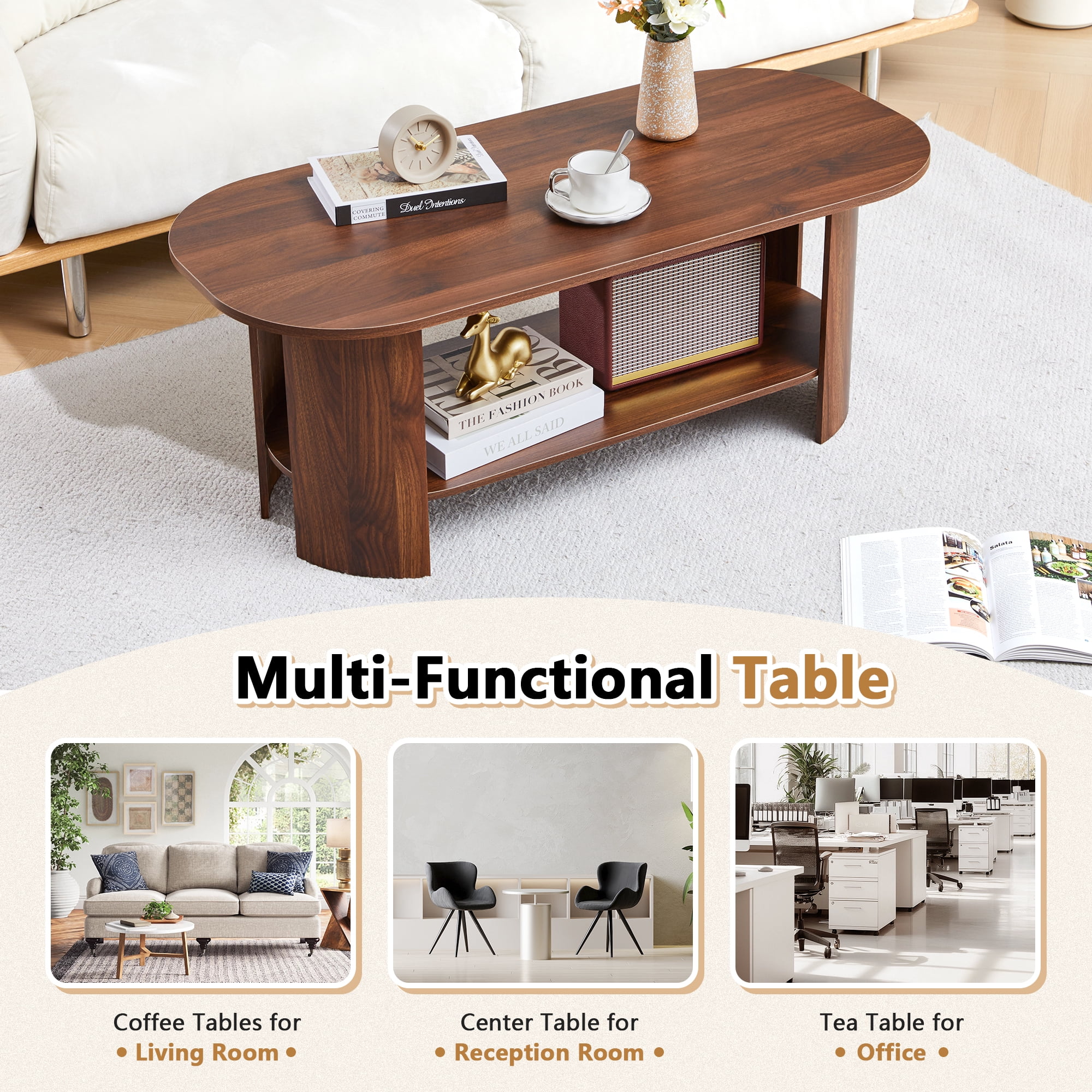 Wirrytor Oval Coffee Table with Storage Shelf, 2-Tier Modern Farmhouse Wood Center Table for Living Room, Rustic Brown