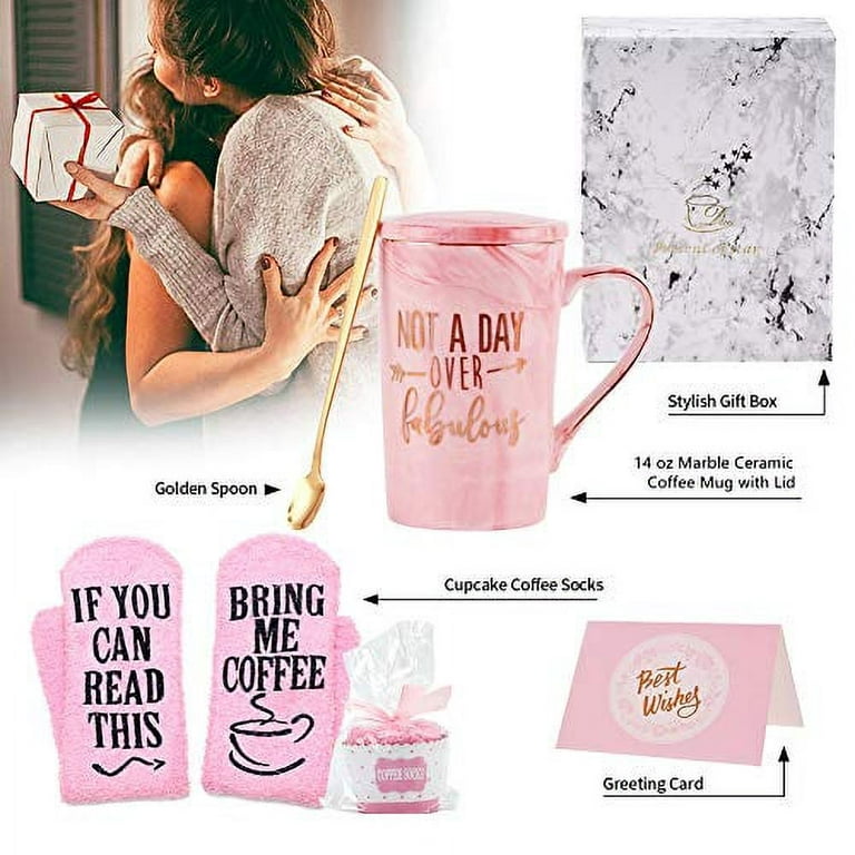 Birthday Gifts for Women, Not A Day Over Fabulous Mug, Funny Gifts for Mom,  Wife, Daughter, Sister, Aunt, Cousins, Friends, Coworkers, 14 OZ Marble  Ceramic Coffee Cup Set (Pink) 