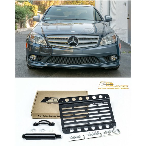 Extreme Online Store Replacement for 2008-2011 Mercedes Benz W204 C-Class Sedan No PDC Models | EOS Plate Version 1 Mid Sized Front Bumper Tow Hook License Relocator Mount Bracket 