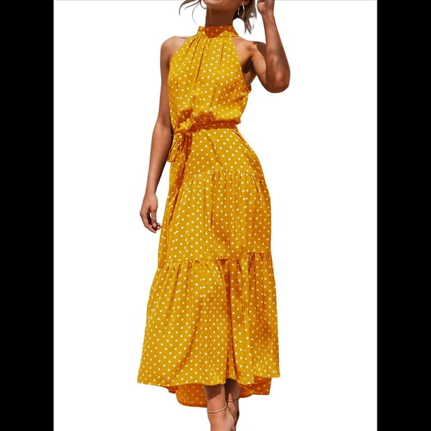 Vestido Bohemio de Verano para Mujer, Sin Mangas, con Estampado de Lunares, Cuello Halter, Volantes, Dobladillo y Cinturón Amarillo XL