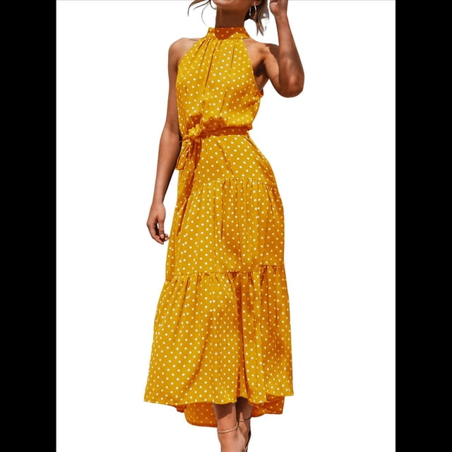 Vestido Bohemio de Verano para Mujer, Sin Mangas, con Estampado de Lunares, Cuello Halter, Volantes, Dobladillo y Cinturón Amarillo XL
