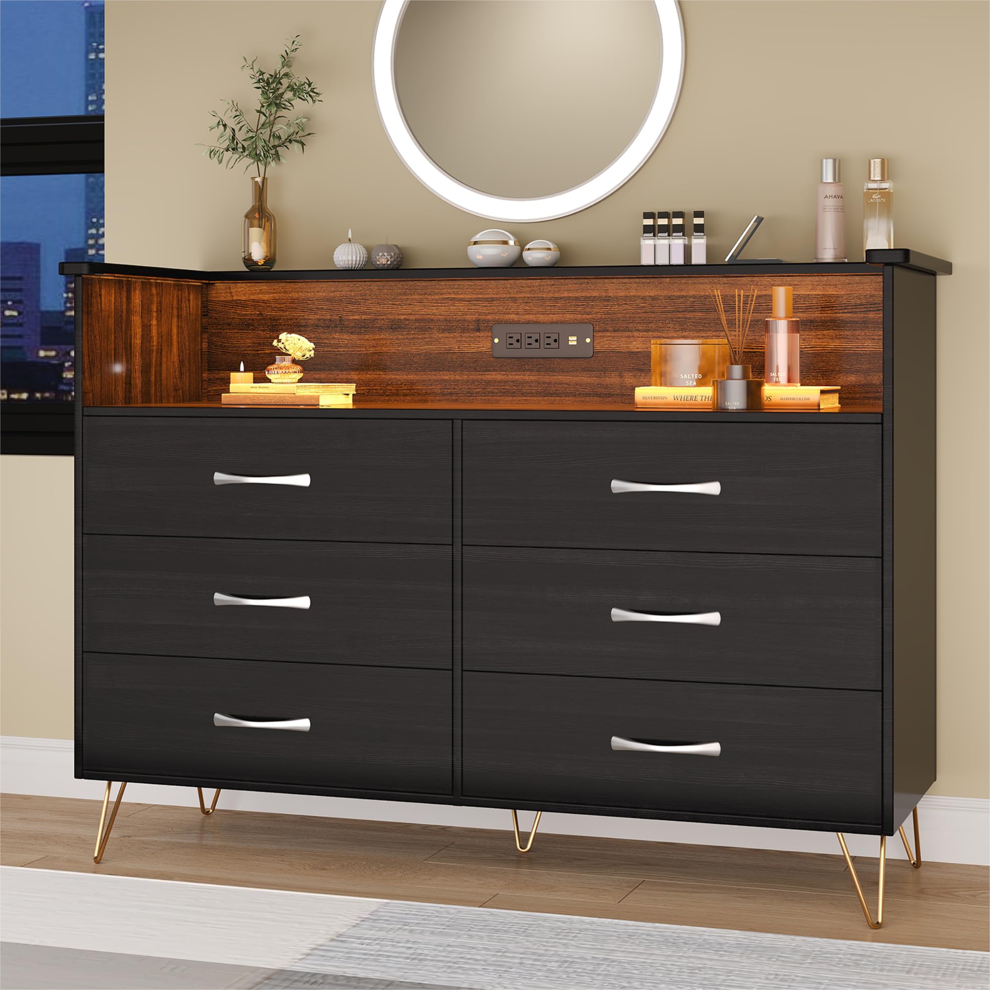6 Drawer Black Dresser with LED Lights and Charging Station,Modern Wood Dressers for Bedroom & Living Room