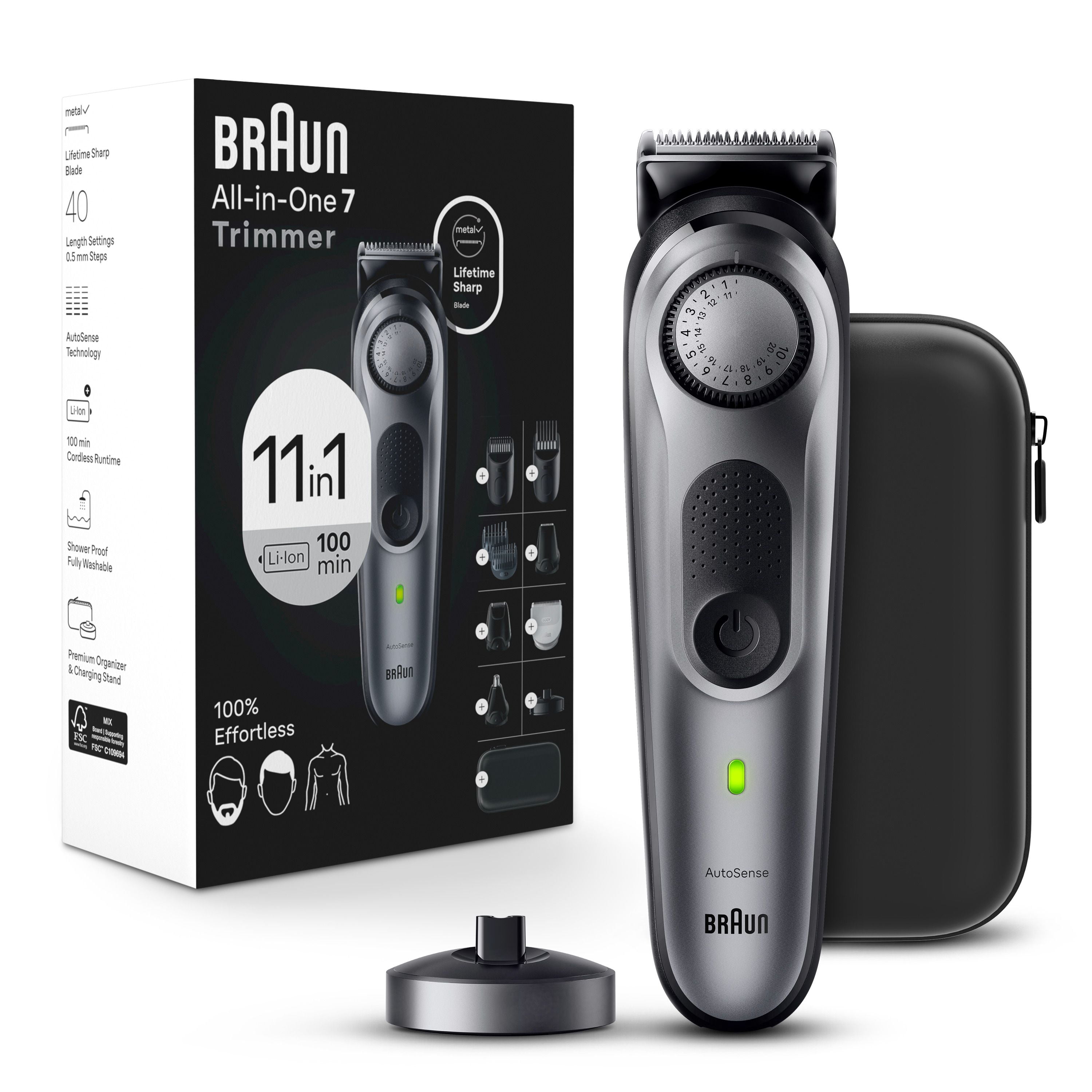 Braun Trousse de Style Tout-en-un Série 7 7420, Tondeuse 11-en-1 pour Hommes avec Tondeuse à Barbe, Tondeuse pour le Corps pour le Toilettage Masculin, Tondeuses à Cheveux & Plus, la Lame la Plus Tranchante de Braun, 40 Réglages de Longueur, Rechargeable 100-mi