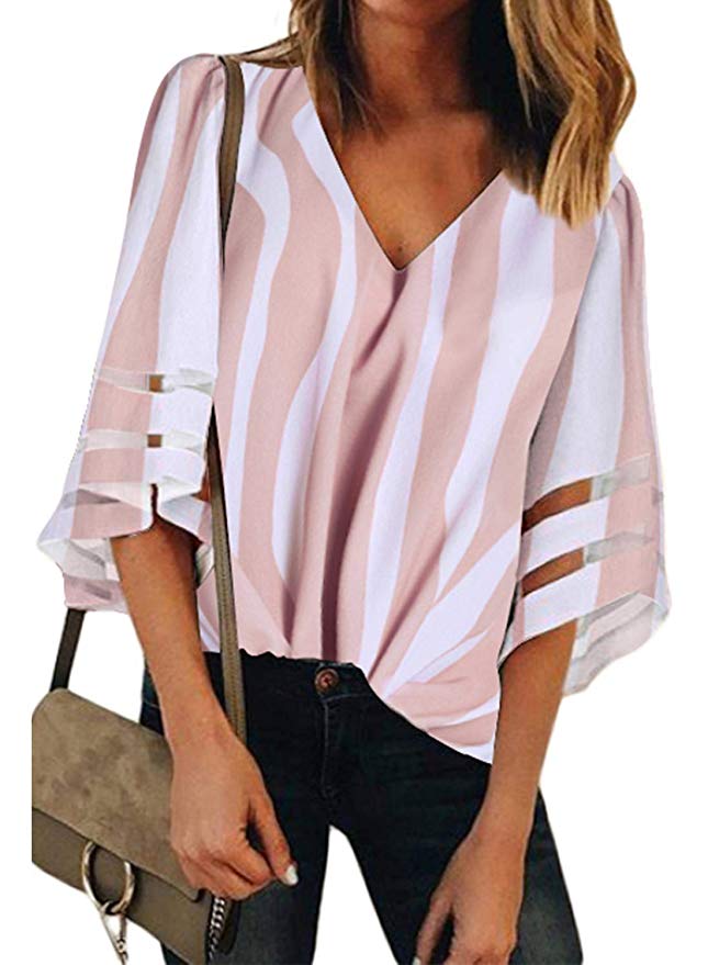 Women's Casual V Neck Striped 3/4 Bell 