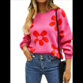 thumbnail image 3 of Suéter de Mujer de Otoño, Larga, Cuello Redondo, Jersey de Punto de Gran Tamaño, Tops Casuales con Estampados. Rosa Roja M, 3 of 10