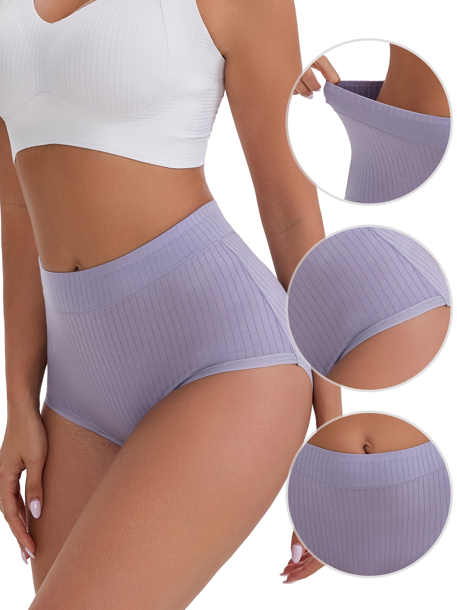 DARING DIVA Women's High-Waisted Cotton Underwear Briefs 3 Pcs L Purple, Pink, Gray