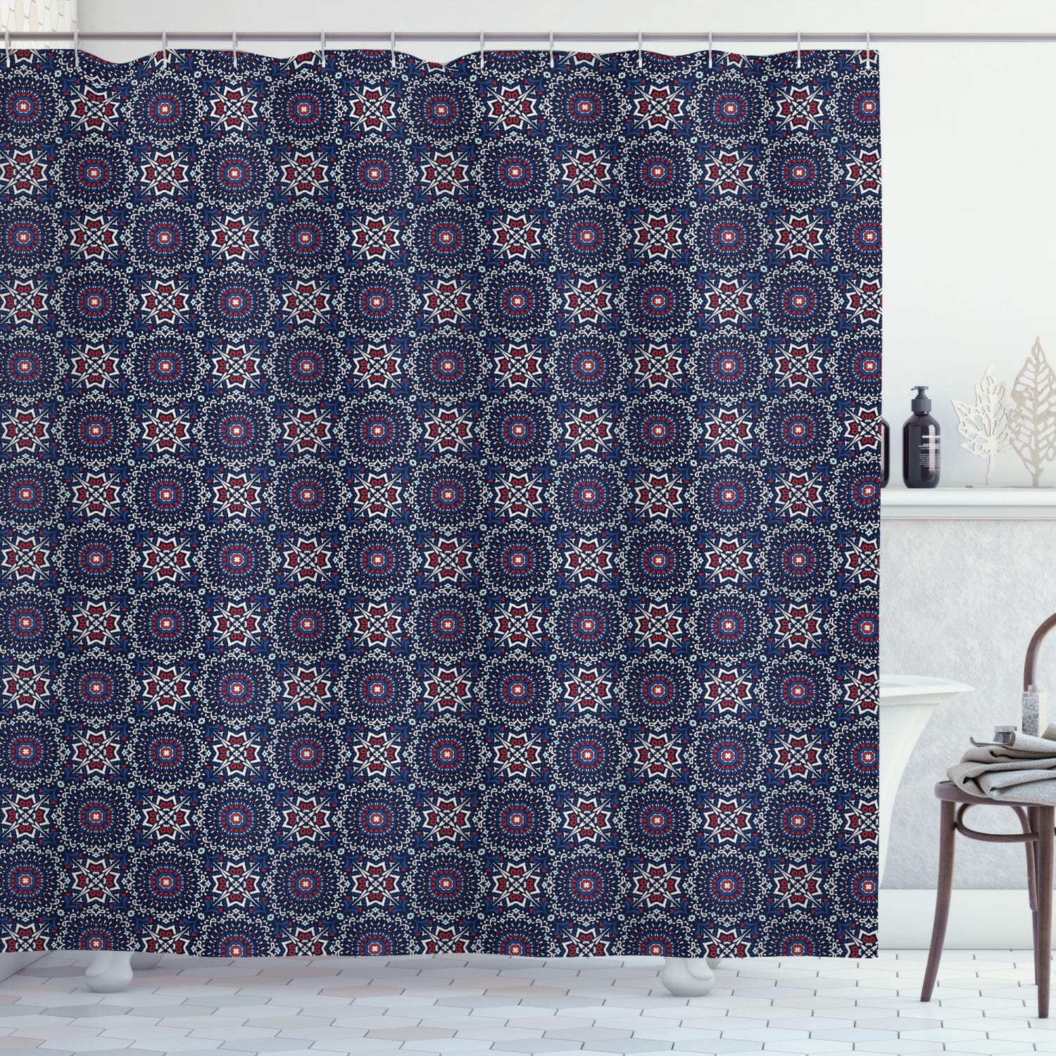 Boho Shower Curtain, Folk Mediterranean Style Complex Jumble Motifs, Fabric Bathroom Set with Hooks, 69W X 70L Inches, Dark Sky Blue Night Blue Ruby Champagne, by Ambesonne