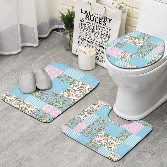 Pioneer Flower Floral Print Pattern Bathroom Rugs Sets 3 Piece,Toilet Cover Set,Absorbent Non Slip Bathroom Mats Sets with U-Shaped Contour Rug Toilet Rug Set