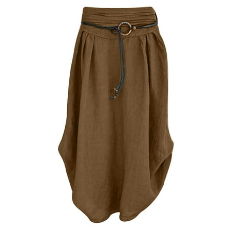 

asdoklhq Maternity Dress Women s Fashion Casual Solid Loose Sashes Mid-Calf Cotton Linen Skirt