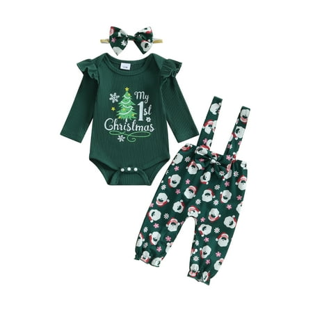 

Woshilaocai Christmas Baby Girl Outfit Tree Print Romper Santa Pants Headband