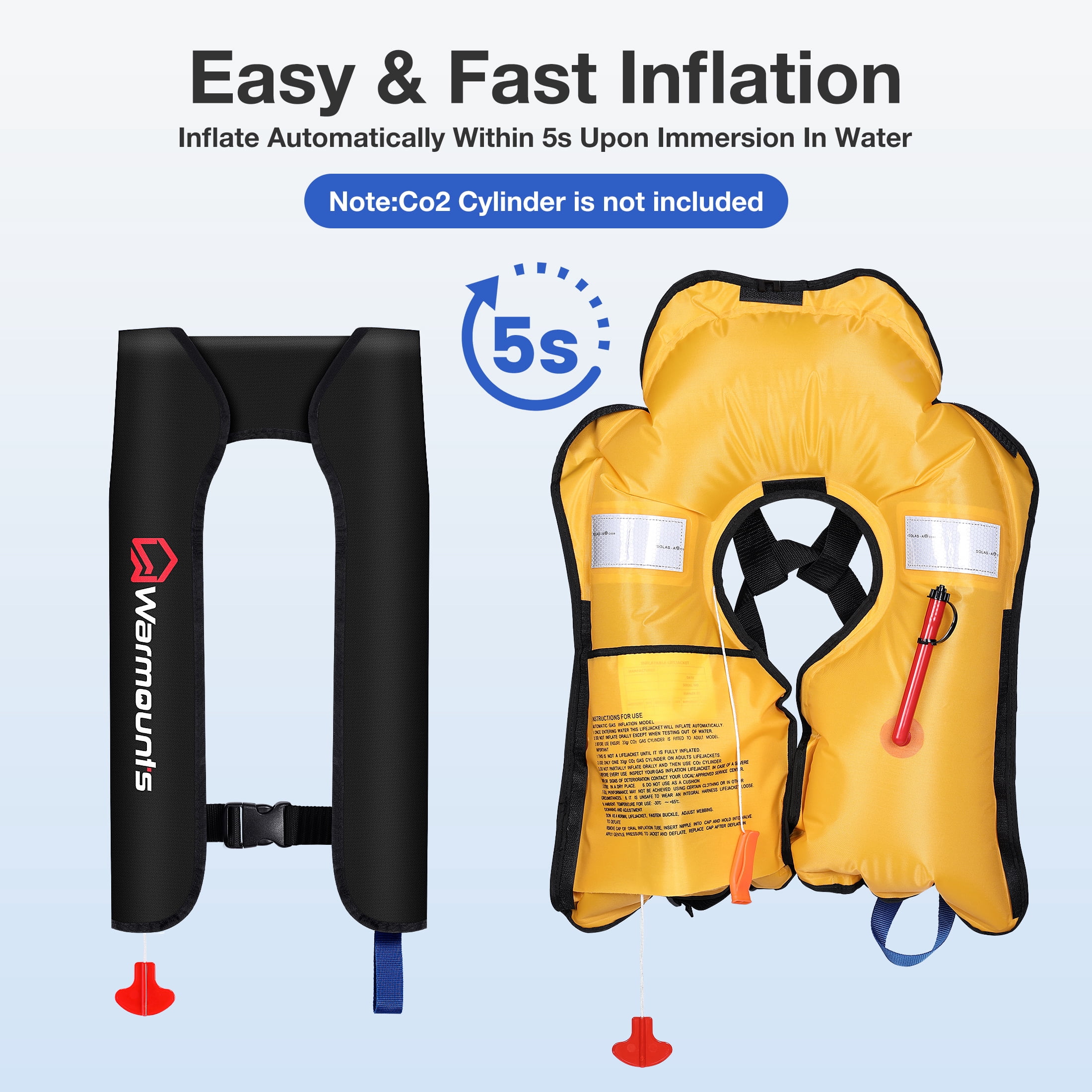 WARMOUNTS Automatic Inflatable Life Jacket w/ Whistle, Adult PFD Survival Buoyancy Vest for Boating Fishing Sailing Surfing Kayaking for Men Women Max Waist Size: 50''
