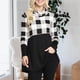 thumbnail image 3 of Top de cuello alto para mujer con dobladillo suelto camisa de manga larga con cuello redondo decoración de costuras a cuadros negro S, 3 of 6