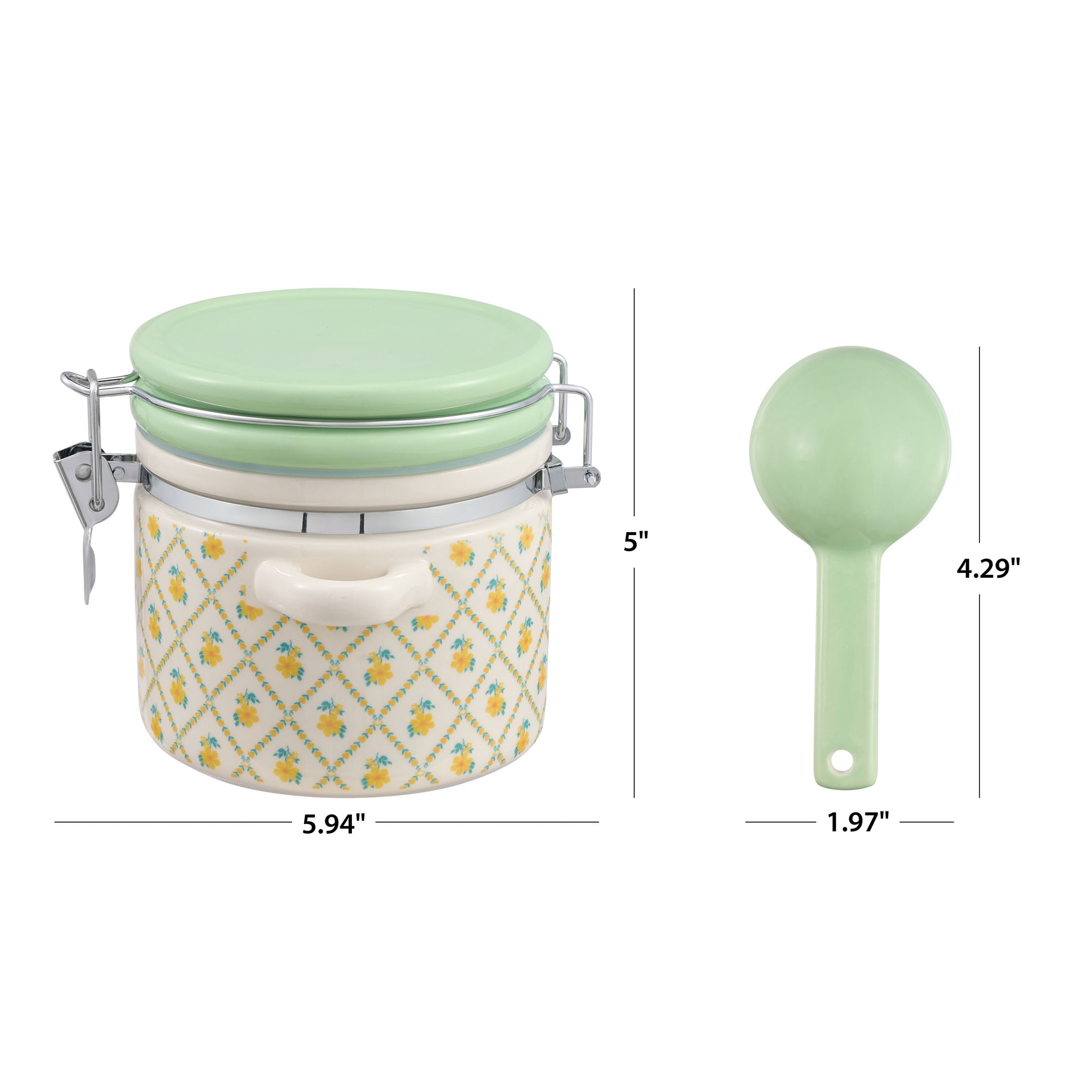 (4 pack) The Pioneer Woman Stoneware Painted Meadow Medium Canister with Lid and Ceramic Spoon, Ideal Use for Pantry Organization and Food Storage