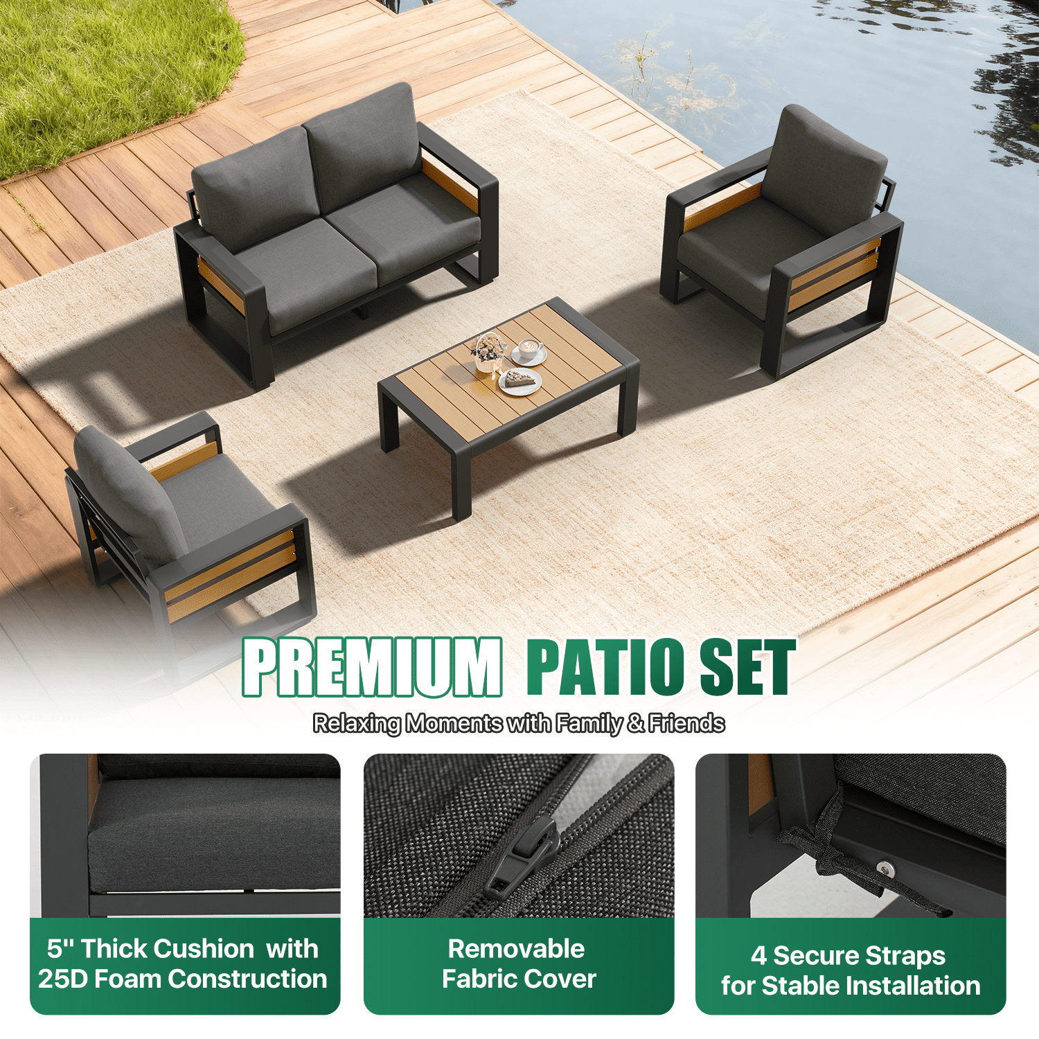 Clouddwell 4-Seats Aluminum Patio Furniture Set, Outdoor Metal Sofa Conversation Set with Coffee Table for Pool Garden Porch Backyard, Dark Gray