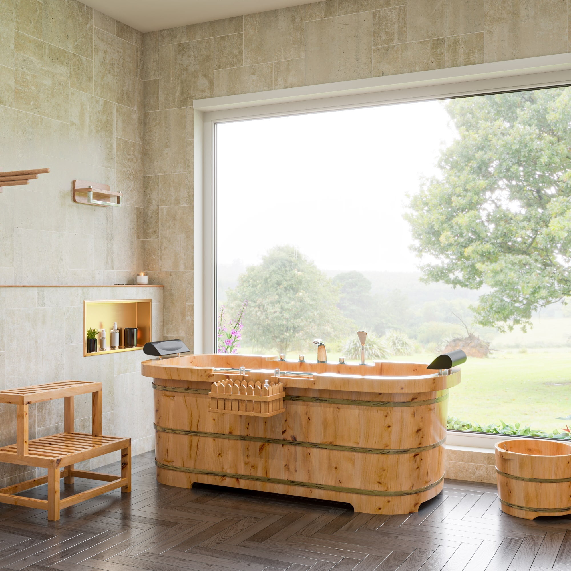 ALFI brand AB6604 Round Wooden Cedar Foot Soaking Tub